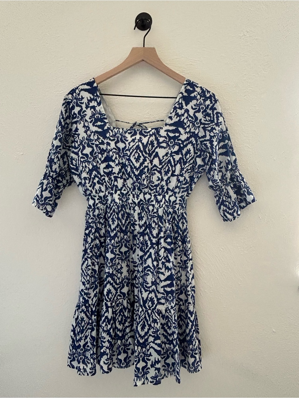 Madison Mathews Blue White Boho Print Mini Dress Elastic Waist Coastal| Size XS